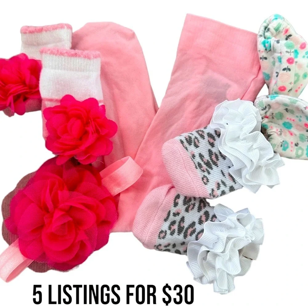 0-6 m baby girl accessory lot -pantyhose, socks bundle, hair piece, hand booties